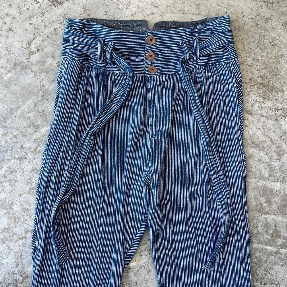Free People Navy Blue Striped High Rise Tie Waist Capri Trousers Women's 6 - Picture 4 of 8